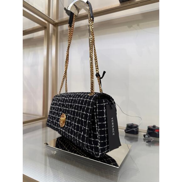 Versace black white tweet fabric leather flap bag - Picture 5 of 8